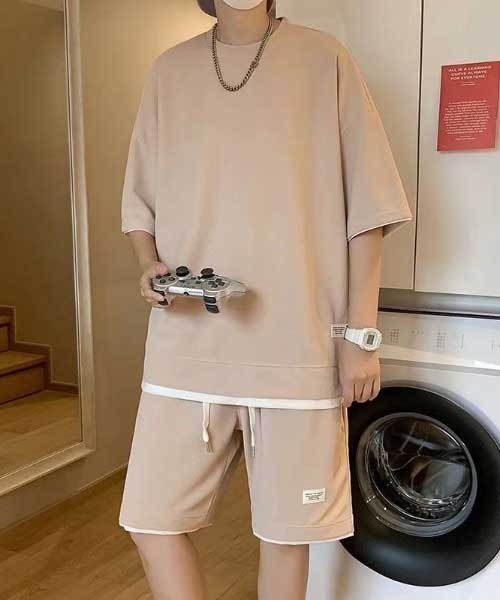 link lot(リンクロット)の「【2点セット】フェイクレイヤードセットアップ 半袖無地Tシャツ+ショートパンツ ワッフル調(ルームウェア/パジャマ・メンズ・アイボリー/ブラック/ホワイト/スミクロ/グレー/ベージュ・L/M)」の21枚目の写真