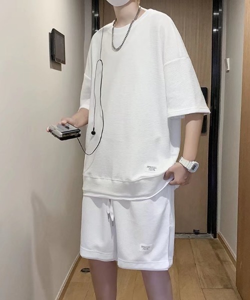 link lot(リンクロット)の「【2点セット】フェイクレイヤードセットアップ 半袖無地Tシャツ+ショートパンツ ワッフル調(ルームウェア/パジャマ・メンズ・アイボリー/ブラック/ホワイト/スミクロ/グレー/ベージュ・L/M)」の22枚目の写真