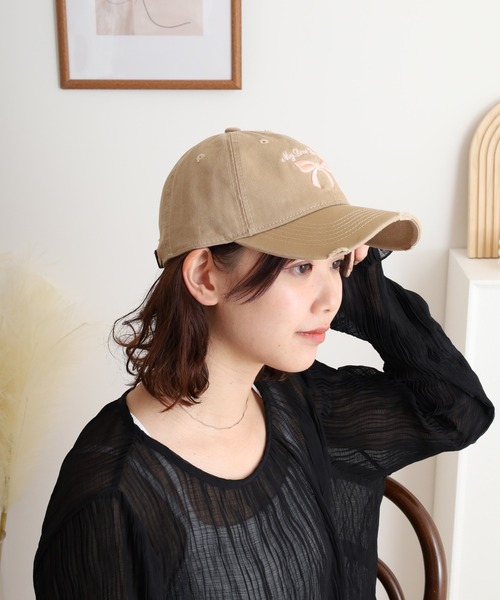 セール】RUCCHE リボン刺繍ダメージツイルキャップ（キャップ