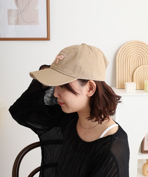 yori 撥水　刺繍　リボンキャップ　ベージュ　新品未使用 LADY LIKE キャップ 帽子 リボン刺繍キャップ レディース