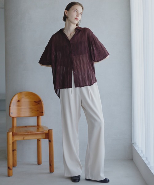 Aunt Marie's（アントマリーズ）の「ウェーブストライプハーフスリーブシアーシャツ（シャツ/ブラウス・レディース・ブラウン/アイボリー/ブラック/ライトブルー・FREE）」の7枚目の写真