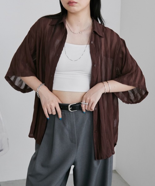 Aunt Marie's（アントマリーズ）の「ウェーブストライプハーフスリーブシアーシャツ（シャツ/ブラウス・レディース・ブラウン/アイボリー/ブラック/ライトブルー・FREE）」の11枚目の写真