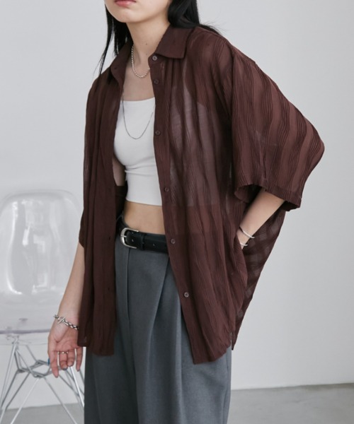 Aunt Marie's（アントマリーズ）の「ウェーブストライプハーフスリーブシアーシャツ（シャツ/ブラウス・レディース・ブラウン/アイボリー/ブラック/ライトブルー・FREE）」の19枚目の写真