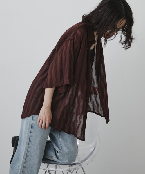 Aunt Marie's（アントマリーズ）の「ウェーブストライプハーフスリーブシアーシャツ（シャツ/ブラウス・レディース・ブラウン/アイボリー/ブラック/ライトブルー・FREE）」の17枚目の写真