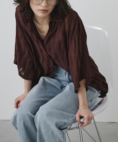 Aunt Marie's（アントマリーズ）の「ウェーブストライプハーフスリーブシアーシャツ（シャツ/ブラウス・レディース・ブラウン/アイボリー/ブラック/ライトブルー・FREE）」の18枚目の写真