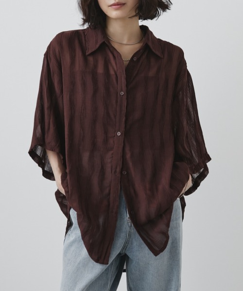 Aunt Marie's（アントマリーズ）の「ウェーブストライプハーフスリーブシアーシャツ（シャツ/ブラウス・レディース・ブラウン/アイボリー/ブラック/ライトブルー・FREE）」の12枚目の写真