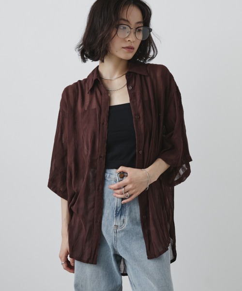 Aunt Marie's（アントマリーズ）の「ウェーブストライプハーフスリーブシアーシャツ（シャツ/ブラウス・レディース・ブラウン/アイボリー/ブラック/ライトブルー・FREE）」の14枚目の写真