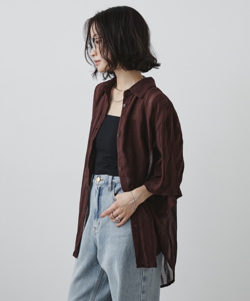 Aunt Marie's（アントマリーズ）の「ウェーブストライプハーフスリーブシアーシャツ（シャツ/ブラウス・レディース・ブラウン/アイボリー/ブラック/ライトブルー・FREE）」の15枚目の写真