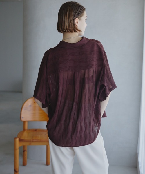 Aunt Marie's（アントマリーズ）の「ウェーブストライプハーフスリーブシアーシャツ（シャツ/ブラウス・レディース・ブラウン/アイボリー/ブラック/ライトブルー・FREE）」の6枚目の写真