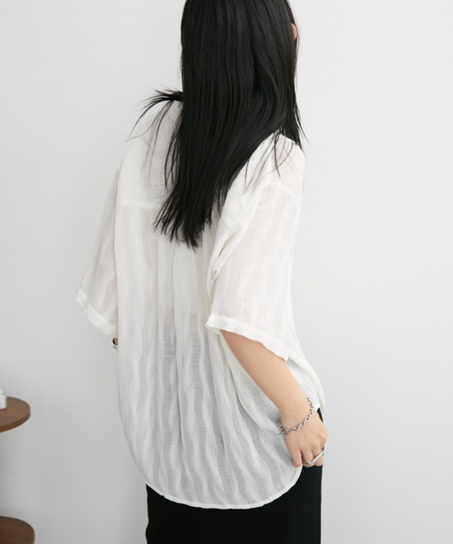 Aunt Marie's（アントマリーズ）の「ウェーブストライプハーフスリーブシアーシャツ（シャツ/ブラウス・レディース・ブラウン/アイボリー/ブラック/ライトブルー・FREE）」の22枚目の写真