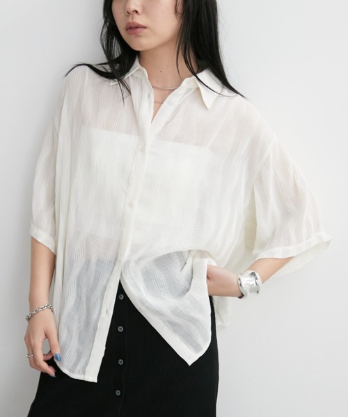 Aunt Marie's（アントマリーズ）の「ウェーブストライプハーフスリーブシアーシャツ（シャツ/ブラウス・レディース・ブラウン/アイボリー/ブラック/ライトブルー・FREE）」の20枚目の写真