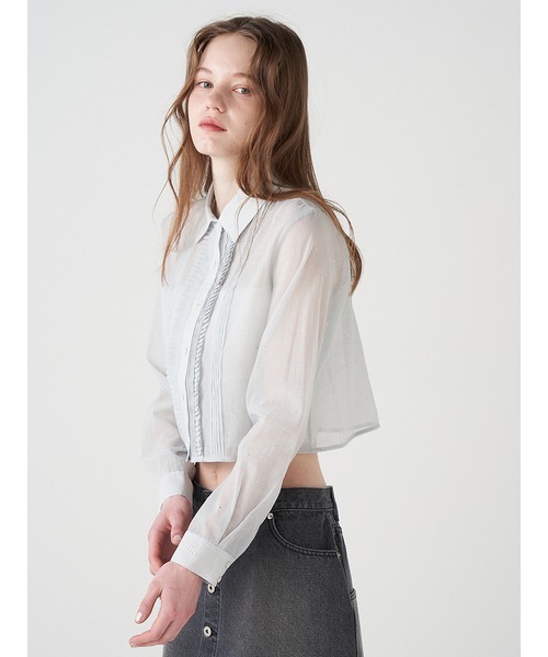 FURFUR(ファーファー)の「ビジュー付きシアークロップドシャツ(シャツ/ブラウス・レディース・サックスブルー/ブラック/ピンク/ホワイト・FREE)」の13枚目の写真