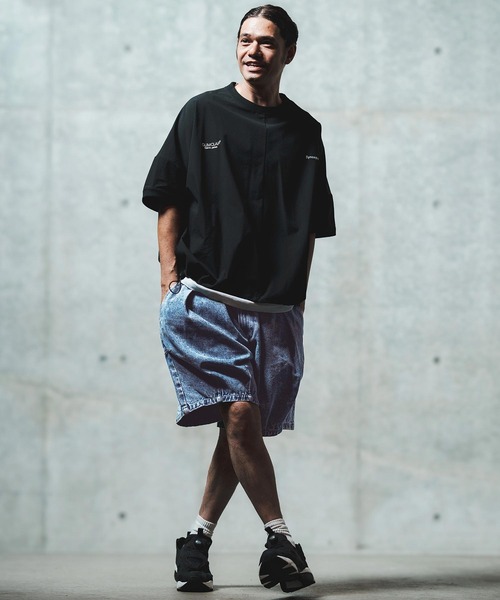 GLIMCLAP(グリムクラップ)の「mp13555- Chemical wash denim shorts デニムショートパンツ(デニムパンツ・メンズ・ブラック/インディゴブルー・S/M/L)」の9枚目の写真