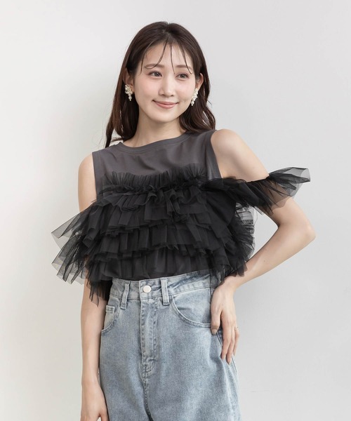 RANDA(ランダ)の「フリルチュールドッキングカットソー(Tシャツ/カットソー・レディース・ホワイト/ブラック/ブルー/ブラウン・FREE)」の2枚目の写真