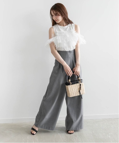 ランダ RANDA  フリルチュールドッキングカットソー （BLACK） ランダ RANDA フリルチュールドッキングカットソー （BLACK