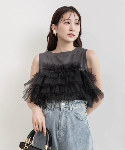 RANDA(ランダ)の「フリルチュールドッキングカットソー(Tシャツ/カットソー・レディース・ホワイト/ブラック/ブルー/ブラウン・FREE)」の7枚目の写真