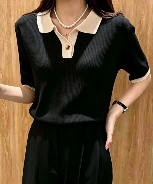 Beststore(ベストストア)の「【新色追加】バイカラー 配色 半袖ニット ポロ(ポロシャツ・レディース・ネイビー/グリーン/ピンク/ブルー/グレー/イエロー/ブラック・FREE)」の2枚目の写真