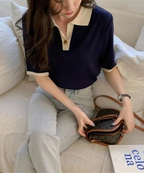 Beststore(ベストストア)の「【新色追加】バイカラー 配色 半袖ニット ポロ(ポロシャツ・レディース・ネイビー/グリーン/ピンク/ブルー/グレー/イエロー/ブラック・FREE)」の8枚目の写真