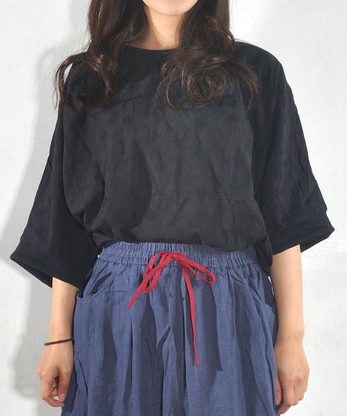 tシャツ Colork(カラック) ジャカードドット柄 袖リブ付きクルーネックワイドトップス レディース Colork(カラック) ジャカードドット柄 袖リブ付きクルーネック