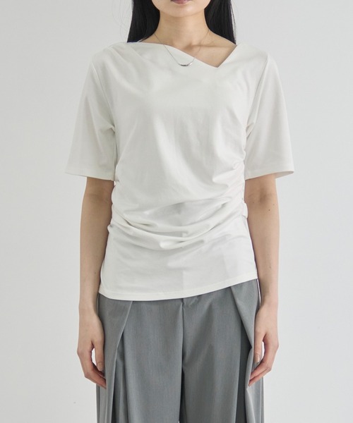 CITY TOKYO（シティトウキョウ）の「【CITY TOKYO/シティートウキョウ】Asymmetry Tack Drape Tee/アシンメトリータックドレープTシャツ（Tシャツ/カットソー・レディース・ブラック/ホワイト・FREE）」の9枚目の写真