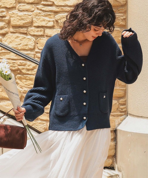 ポケット付きパールボタンニットカーディガン（カーディガン/ボレロ