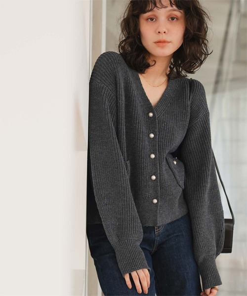 セール】ポケット付きパールボタンニットカーディガン