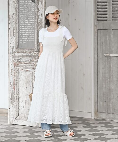 rps(アールピーエス)の「レース生地シャーリング肩リボンワンピース(ワンピース・レディース・ネイビー/オフホワイト/ブラック・フリー)」の4枚目の写真