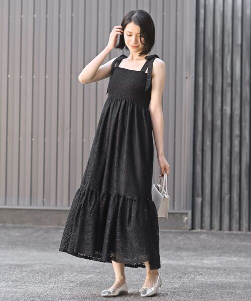 rps(アールピーエス)の「レース生地シャーリング肩リボンワンピース(ワンピース・レディース・ネイビー/オフホワイト/ブラック・フリー)」の13枚目の写真