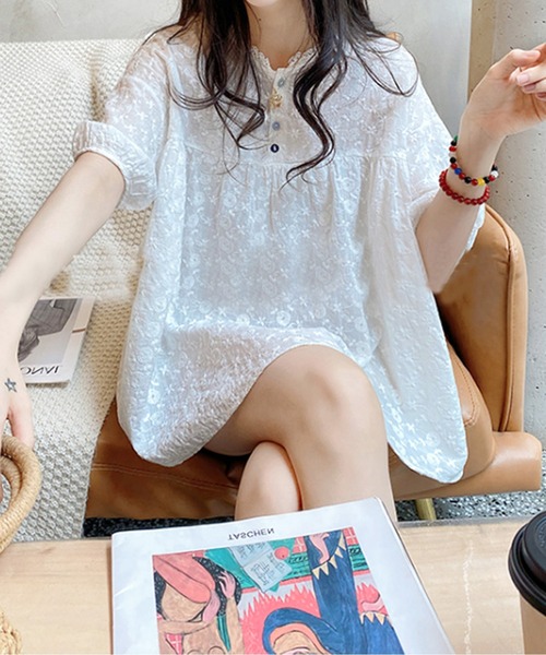 ブラウス シャツ ふくれジャガードヘンリーネックペプラムブラウス レディース ブラウス シャツ ふくれジャガードペプラムブラウス レディース