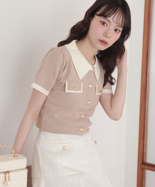 one after another NICE CLAUP(ワンアフターアナザーナイスクラップ)の「バイカラーゴールドボタンポロニット(ニット/セーター・レディース・ネイビー/ベージュ/ブラック/ピンク・FREE)」の3枚目の写真