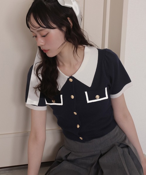 セール】バイカラーゴールドボタンポロニット（ニット/セーター