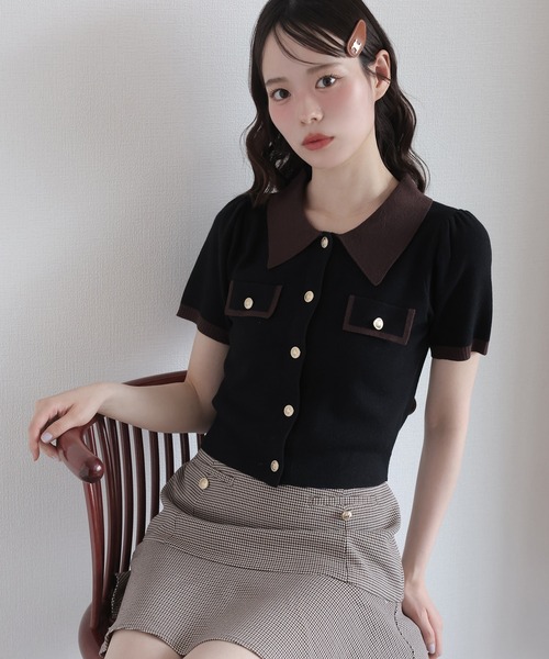 one after another NICE CLAUP(ワンアフターアナザーナイスクラップ)の「バイカラーゴールドボタンポロニット(ニット/セーター・レディース・ネイビー/ベージュ/ブラック/ピンク・FREE)」の2枚目の写真