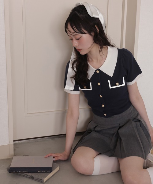 one after another NICE CLAUP(ワンアフターアナザーナイスクラップ)の「バイカラーゴールドボタンポロニット(ニット/セーター・レディース・ネイビー/ベージュ/ブラック/ピンク・FREE)」の15枚目の写真