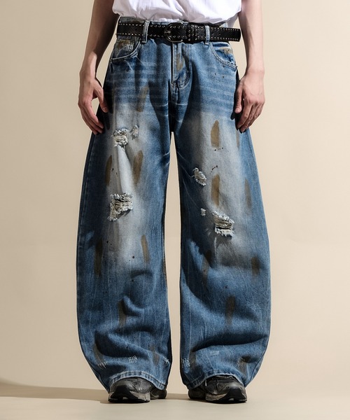 CALIFORNIA OUTFITTERS(カリフォルニア アウトフィッターズ)の「7E9 ヴィンテージ風 クラッシュ バレルレッグパンツ(デニムパンツ・メンズ・ブルー・S/M/L)」の1枚目の写真