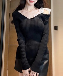 アシンメトリー レース リボン リブ トップス