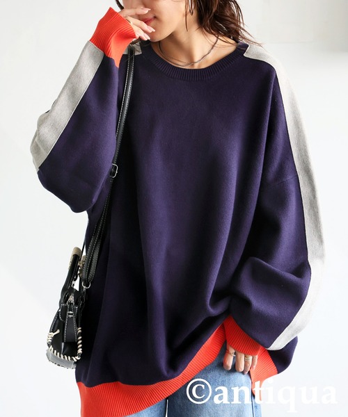 antiqua（アンティカ）の「配色ラインニット（ニット/セーター・レディース・ネイビー/ブラック/カーキ・ONESIZE）」の3枚目の写真
