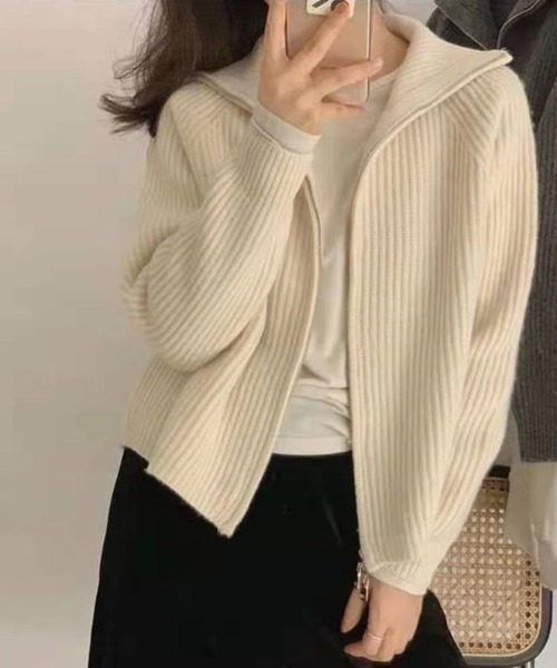 cammie(キャミー)の「ジップリブニットカーディガン(ニット/セーター・レディース・ベージュ/ダークグレー/アイボリー/グレー/ワイン/ブラック・F)」の10枚目の写真