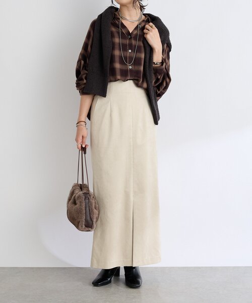 RIVE DROITE（リヴドロワ）の「【すっきり見えが叶う】ブラッシュドクロスIラインスカート（スカート・レディース・ブラウン/ピンク/ライトベージュ・38/36）」の5枚目の写真