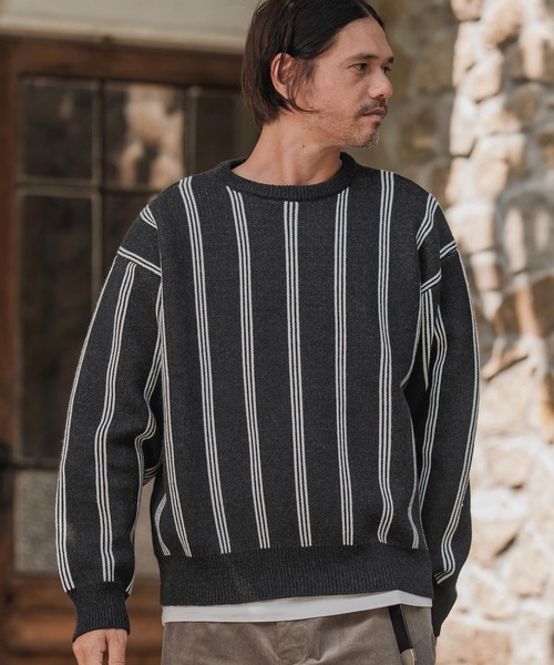 CAMBIO（カンビオ）の「mn3188-Stripe Jacquard Buttonless Knit Pullover ニット(A56525cmb)（ニット/セーター・メンズ・ミックスグレー/ブラック系その他/キナリ/ネイビー・S/M/L）」の3枚目の写真