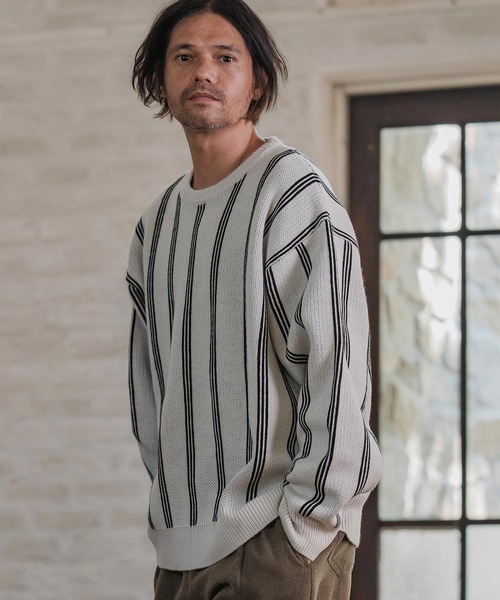 CAMBIO（カンビオ）の「mn3188-Stripe Jacquard Buttonless Knit Pullover ニット(A56525cmb)（ニット/セーター・メンズ・ミックスグレー/ブラック系その他/キナリ/ネイビー・S/M/L）」の2枚目の写真