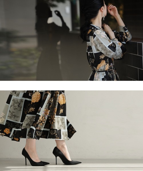 cawaii(カワイイ)の「ヴィンテージスカーフ柄ティアードミディアムワンピース(紐ベルト付き)(ワンピース・レディース・ブラック・FREE)」の2枚目の写真