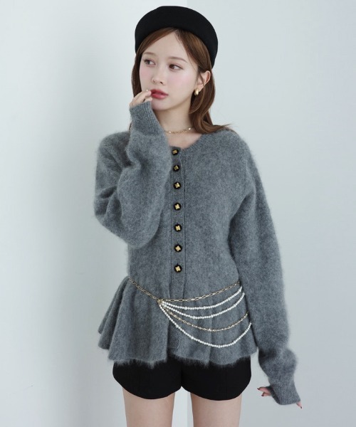セール】ウール起毛ペプラムニットカーディガン（ノーカラージャケット