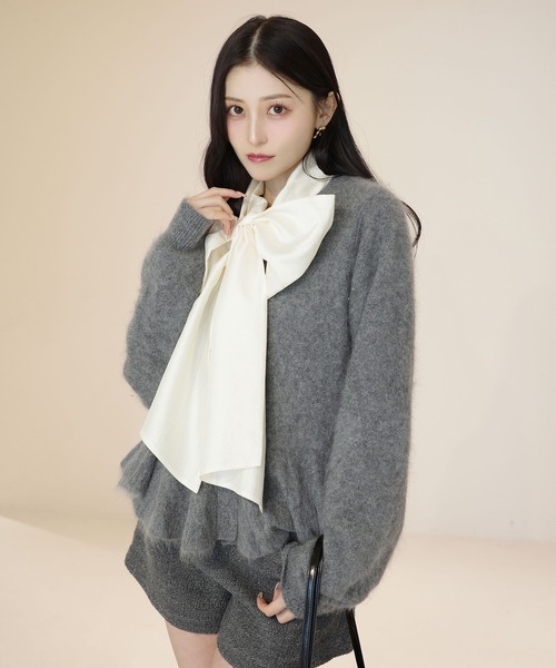 セール】ウール起毛ペプラムニットカーディガン（ノーカラージャケット