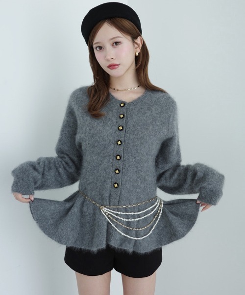 セール】ウール起毛ペプラムニットカーディガン（ノーカラージャケット