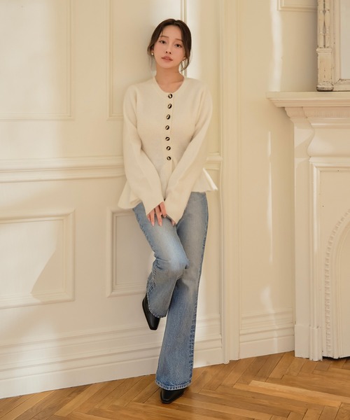 セール】ウール起毛ペプラムニットカーディガン（ノーカラージャケット