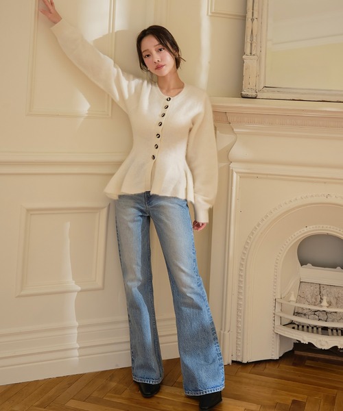 セール】ウール起毛ペプラムニットカーディガン（ノーカラージャケット