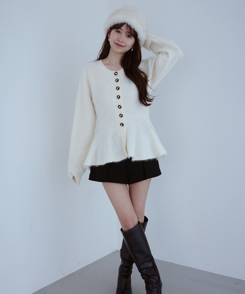 セール】ウール起毛ペプラムニットカーディガン（ノーカラージャケット