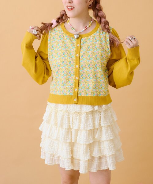 506】アナイ チュールフラワー刺繍切替カーディガン 38 白 緑 黄色 506