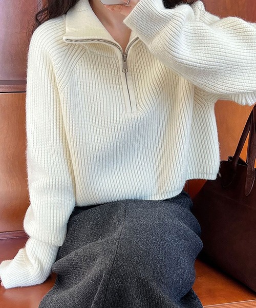 Asterellivi(アステレリビ)の「ハーフジップ スタンド リブニット(ニット/セーター・レディース・ブラック/ホワイト/ブラウン・FREE)」の14枚目の写真