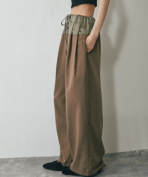 T/R/Puツイルxヴィンテージサテン切替タックパンツ（その他パンツ
